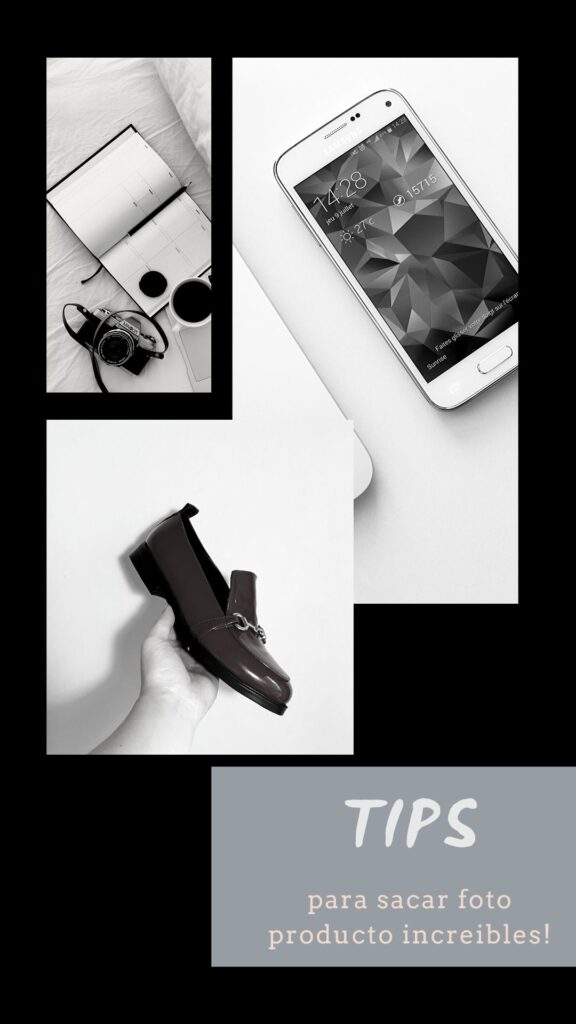 foto portada de curso de tutorial de fotografia producto. ¿Como sacar fotos con fondo blanco para calzado? Muestra un zapato, un telefono movil y el titulo: tips para sacar fotografias de producto como un profesional.